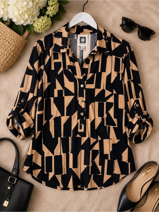 Anne Klein Tops - Anne Klein XL Black & Vicuna Geometric Print Roll Tab Blouse NWT